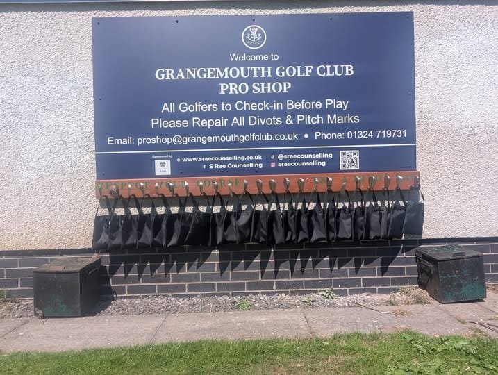 New divot bags installed outside the Pro Shop at Grangemouth Golf Club for members and visitors to repair divots during their round.