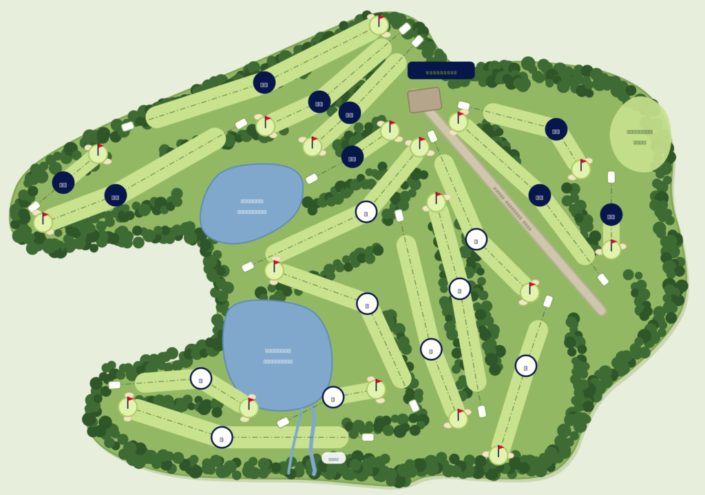 Detailed course map of Grangemouth Golf Club showing all 18 holes with tees, fairways, greens and bunkers, tree belts, the clubhouse, practice areas, Covered and Millhall Reservoirs and the burn